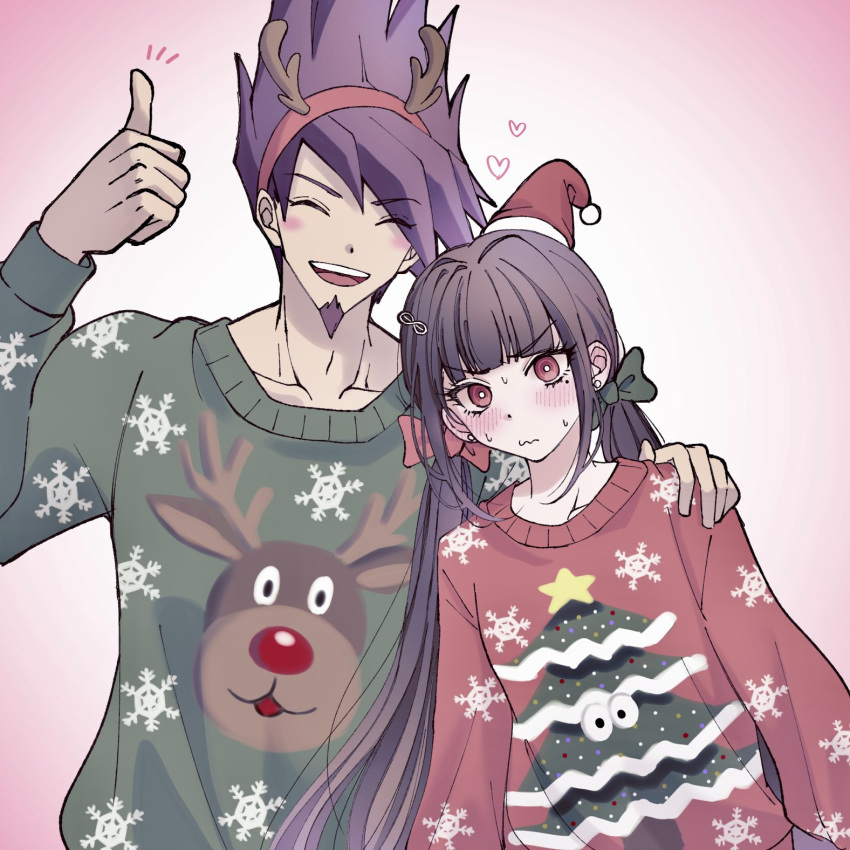1boy 1girl :d alternate_costume alternate_hair_ornament black_hair blunt_bangs blush bow christmas_tree collarbone danganronpa_(series) danganronpa_v3:_killing_harmony facial_hair fake_antlers goatee gradient_background green_sweater hair_bow hair_ornament hairclip hand_on_another's_shoulder harukawa_maki hat heart highres long_hair momota_kaito notice_lines red_bow red_headwear red_sweater santa_hat satori_(aosky9077) smile sweat sweater teeth thumbs_up ugly_sweater upper_body upper_teeth_only wavy_mouth