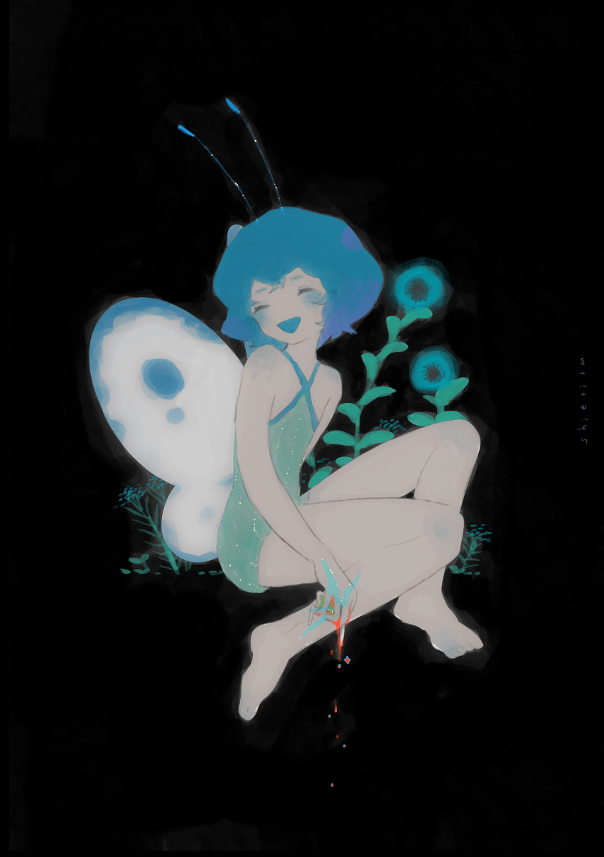 1girl absurdres antennae artist_name bare_shoulders barefoot black_background blue_hair closed_mouth commentary english_commentary fairy fairy_wings highres open_mouth original shieriru short_hair sitting solo wings