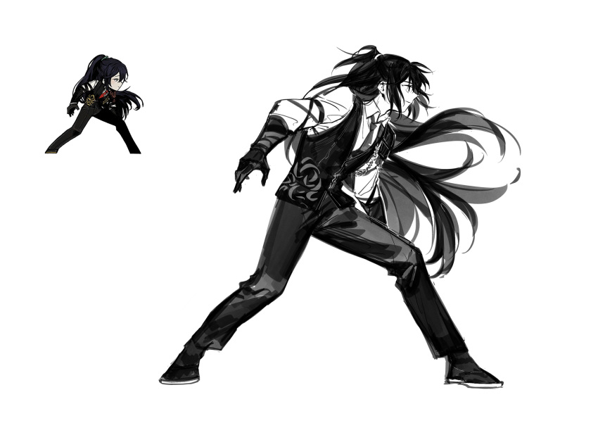 1boy fighting_stance gauntlets greyscale high_ponytail highres hong_lu_(project_moon) limbus_company long_hair male_focus monochrome mugglesix pants project_moon reference_inset shoes solo very_long_hair vest