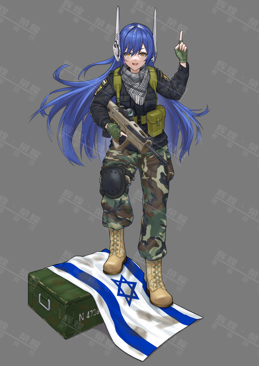 1girl absurdres ammunition_box arm_up assault_rifle belt_pouch blue_hair bullpup commission fingerless_gloves full_body girls_frontline gloves green_gloves gun headgear hexagram highres holding holding_gun holding_weapon huihuang_rongyao israel iwi_tavor keffiyeh knee_pads long_hair long_sleeves looking_at_viewer military_uniform orange_eyes palestine pointing pointing_up pouch rifle robot_ears shoes single_knee_pad smile standing star_of_david tar-21_(girls'_frontline) uniform weapon