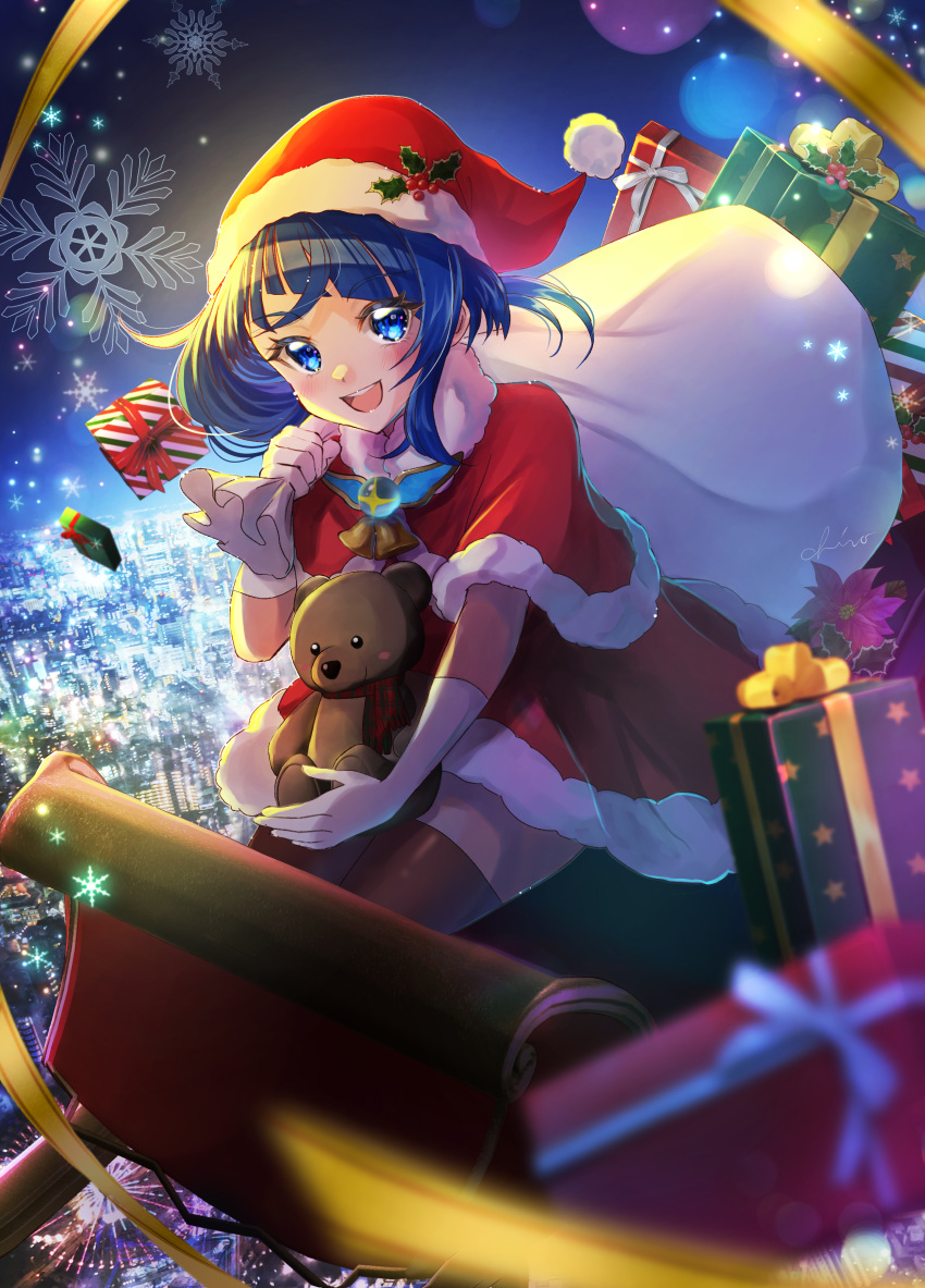 1girl absurdres artist_name black_thighhighs blue_hair blurry blurry_foreground brooch capelet christmas cityscape commentary cut_bangs depth_of_field dress flying fur-trimmed_capelet fur-trimmed_dress fur_trim gift gloves hat highres hirogaru_sky!_precure holding holding_sack holding_stuffed_toy holly jewelry looking_at_viewer medium_hair minccino7 night night_sky open_mouth outdoors over_shoulder precure red_capelet red_dress red_headwear sack santa_hat short_dress side_ponytail signature single_sidelock sitting sky sleigh smile snowflakes solo sora_harewataru stuffed_animal stuffed_toy teddy_bear thigh-highs white_gloves wing_brooch