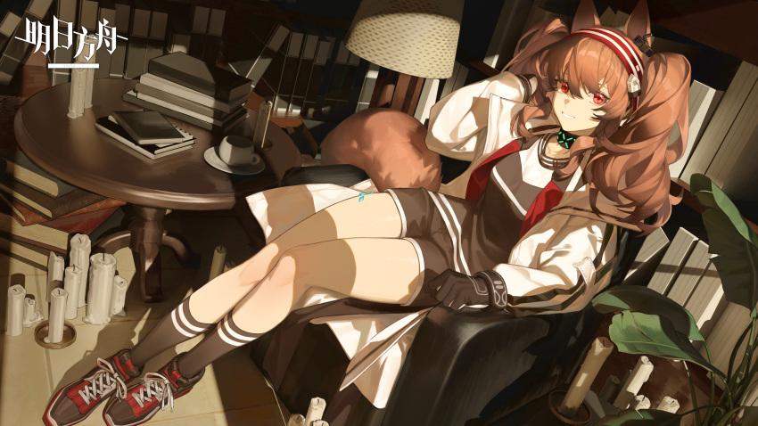 1girl 9_vcat absurdres angelina_(arknights) animal_ears arknights armchair black_footwear black_gloves black_shirt black_shorts black_socks book book_stack bookshelf breasts brown_hair candle chair commentary_request gloves hair_between_eyes hand_up highres indoors jacket long_hair long_sleeves medium_breasts on_chair plant puffy_long_sleeves puffy_sleeves red_eyes shirt shoes short_shorts shorts sitting smile socks solo table tail twintails white_jacket