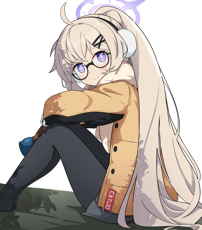 1girl absurdres ahoge black-framed_eyewear black_pantyhose blonde_hair blue_archive blush closed_mouth earmuffs glasses halo highres jacket kittenlochen kotama_(blue_archive) kotama_(camp)_(blue_archive) legs_together long_hair long_sleeves looking_at_viewer official_alternate_costume open_clothes open_jacket pantyhose ponytail purple_halo sitting smile solo violet_eyes yellow_jacket