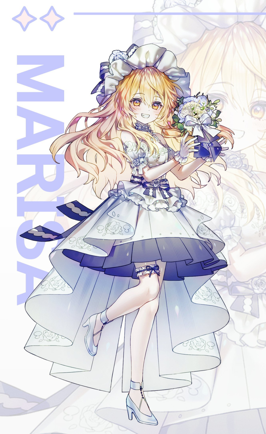 1girl alternate_costume blonde_hair blush bouquet character_name commentary dress flower frilled_gloves frilled_hat frilled_sleeves frills full_body gloves hair_between_eyes hat here_(hr_rz_ggg) highres holding holding_bouquet holding_flower kirisame_marisa leg_up looking_at_viewer puffy_short_sleeves puffy_sleeves short_sleeves simple_background smile solo standing standing_on_one_leg strappy_heels thigh-highs thigh_strap top_hat touhou white_background white_dress white_gloves white_thighhighs yellow_eyes