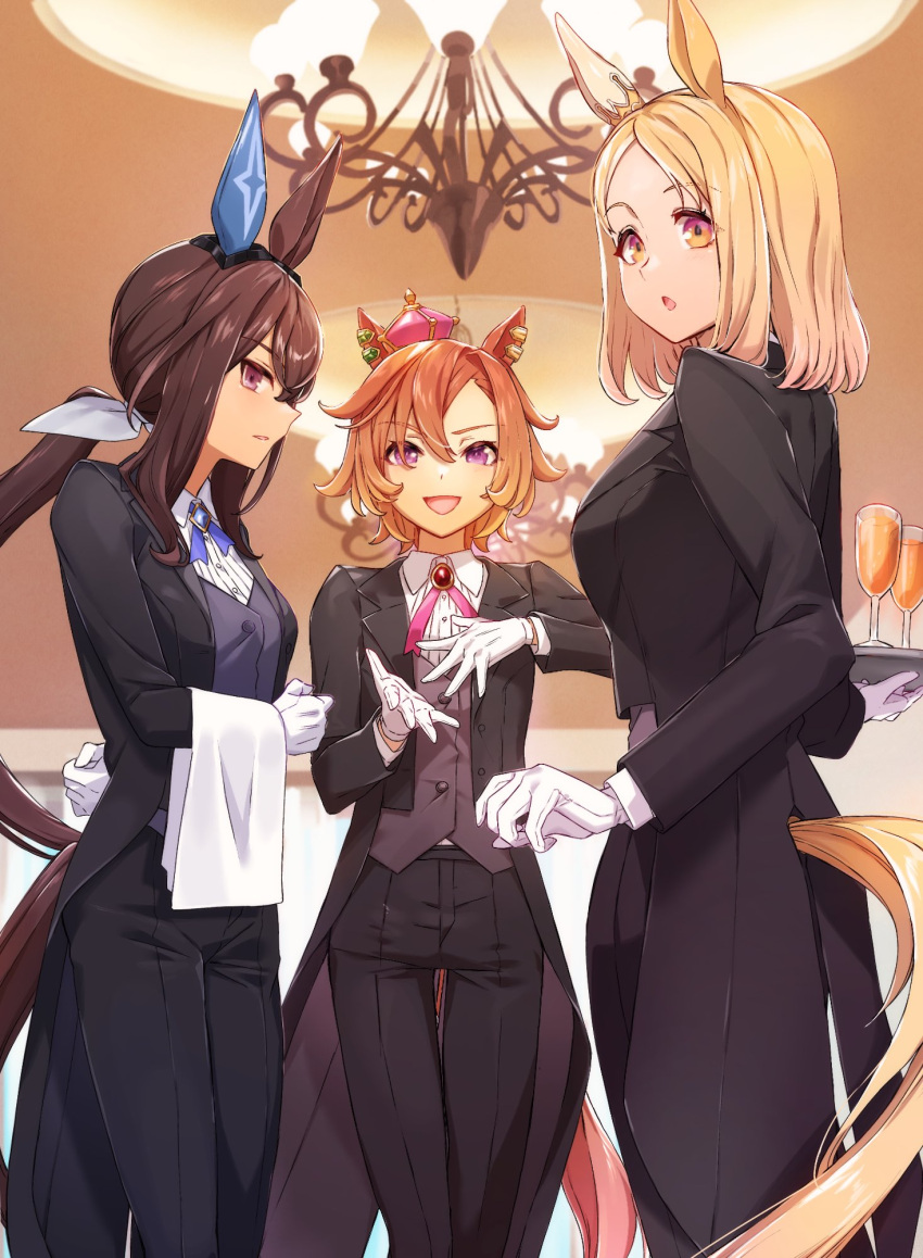 3girls :o admire_vega_(umamusume) animal_ears arm_behind_back asymmetrical_bangs black_jacket black_pants blonde_hair brooch brown_hair champagne_flute chandelier collared_shirt cross_tie cup drinking_glass feet_out_of_frame gloves hand_on_own_chest highres holding holding_tray horse_ears horse_girl horse_tail indoors jacket jewelry long_hair long_sleeves looking_at_viewer low_ponytail multiple_girls nanaheibei_3 narita_top_road_(umamusume) open_clothes open_jacket open_mouth orange_hair pants shirt short_hair sideways_mouth smile standing t.m._opera_o_(umamusume) tail tail_through_clothes tailcoat towel tray umamusume vest violet_eyes white_gloves white_shirt yellow_eyes