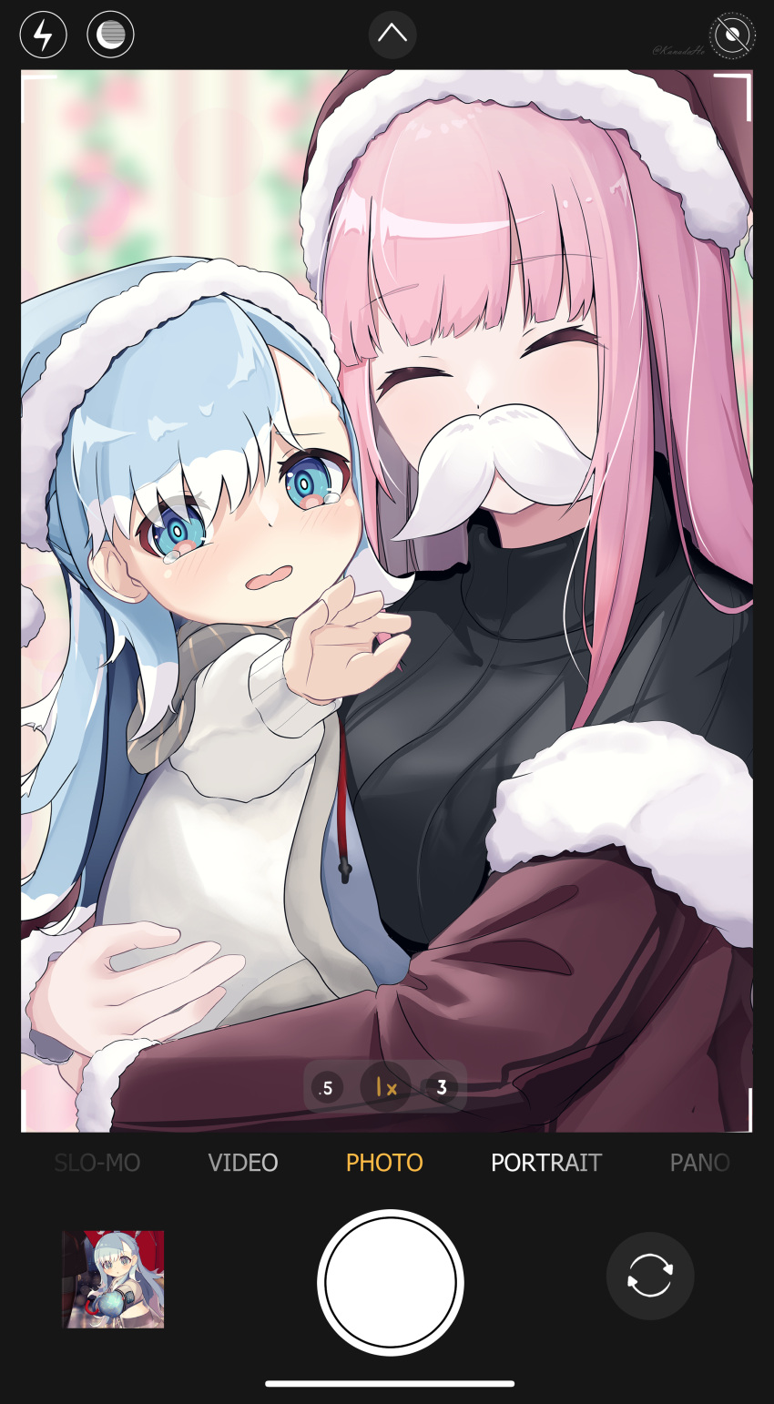 2girls absurdres aged_down blue_eyes blue_hair breasts cellphone closed_eyes fake_facial_hair fake_mustache fake_phone_screenshot fake_screenshot father_and_son hat highres hololive hololive_english hololive_indonesia jacket kanadeho kobo_kanaeru large_breasts liquid_hair long_hair long_sleeves looking_at_viewer mori_calliope multicolored_hair multiple_girls open_mouth phone pink_hair santa_hat smartphone smile taking_picture two-tone_hair user_interface viewfinder virtual_youtuber white_hair