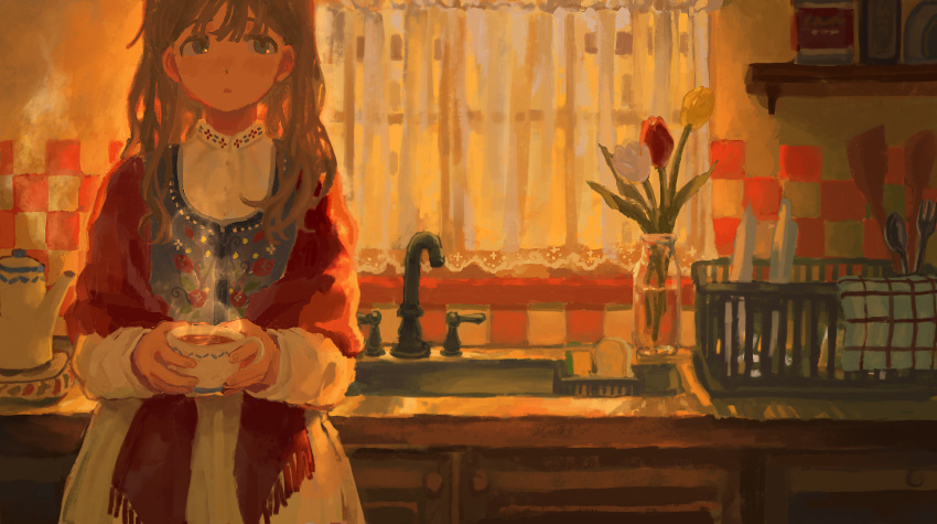 1girl blue_eyes brown_hair collared_dress cup dot_nose dress floral_print flower hair_between_eyes holding holding_cup indoors kitchen long_hair long_sleeves oimoti_tn open_mouth original painterly red_shawl shawl solo standing steam tareme teapot white_dress