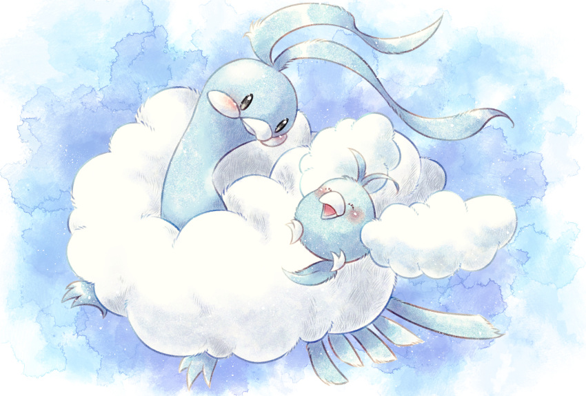 altaria animal_focus beak black_eyes blue_background blue_skin clouds colored_skin commentary_request evolutionary_line highres no_humans pokemon pokemon_(creature) remedy_matome swablu wings