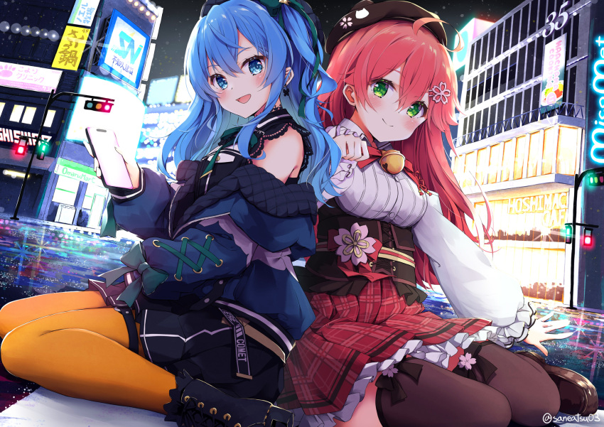 2girls ahoge bell beret black_headwear black_shorts black_thighhighs blue_eyes blue_hair blue_jacket blush breasts building censored closed_mouth commentary english_commentary flower full_body green_eyes hair_flower hair_ornament hat highres holding holding_phone hololive hoshimachi_suisei hoshimachi_suisei_(streetwear) jacket long_hair long_sleeves looking_at_viewer medium_breasts multiple_girls neck_bell niwasane_(saneatsu03) official_alternate_costume open_mouth orange_pantyhose pantyhose paw_pose phone pink_hair plaid plaid_skirt red_skirt sakura_miko sakura_miko_(3rd_costume) shirt shorts sitting skirt smile thigh-highs traffic_light virtual_youtuber white_shirt yokozuwari