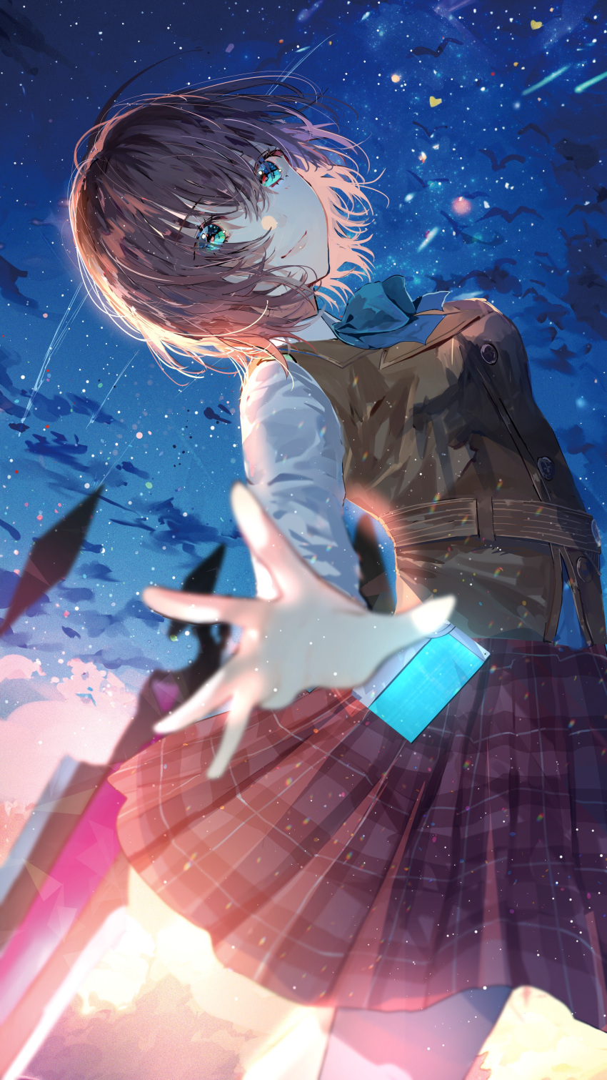 1girl absurdres aoi_erika blue_bow blue_eyes bow breasts brown_hair brown_vest collared_shirt dutch_angle hagimorijia hair_between_eyes heaven_burns_red highres long_sleeves looking_at_viewer medium_breasts outdoors plaid plaid_skirt pleated_skirt reaching reaching_towards_viewer red_skirt school_uniform second-party_source shirt short_hair skirt smile solo upper_body vest white_shirt