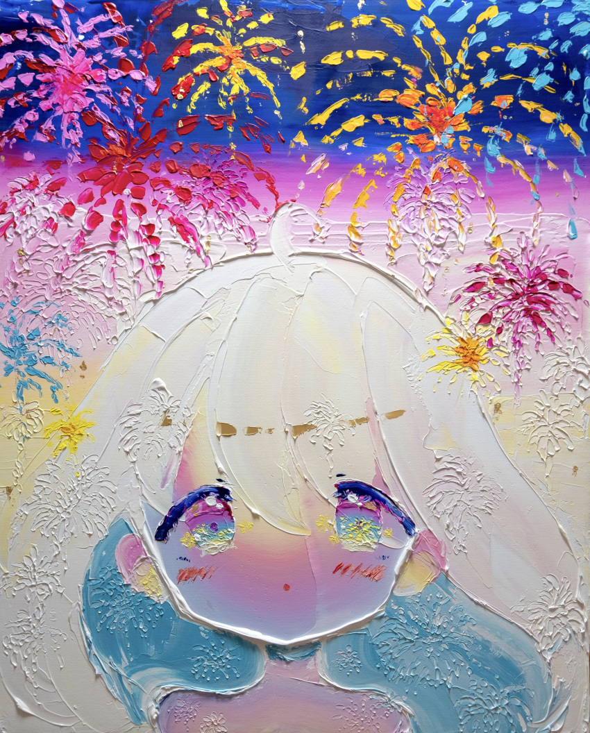 1girl absurdres acrylic_paint_(medium) ahoge bare_shoulders blue_eyes blue_hair blush colored_inner_hair colored_skin commentary_request dot_mouth english_commentary fireworks gradient_skin hair_between_eyes highres impasto mixed-language_commentary multicolored_hair no_nose no_sclera oda_mifuu original painting_(medium) purple_pupils purple_skin solo straight-on tareme traditional_media violet_eyes white_hair