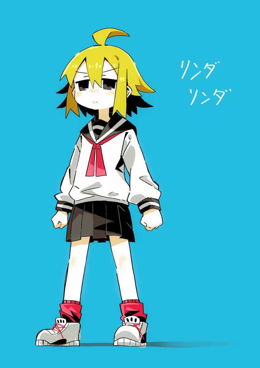 1girl absurdres ahoge arms_at_sides black_eyes black_sailor_collar black_skirt blonde_hair blue_background blush clenched_hands closed_mouth commentary_request frown full_body highres long_sleeves looking_at_viewer neck_ribbon null-meta pleated_skirt red_ribbon red_socks ribbon sailor_collar school_uniform serafuku shirt shoes short_hair sidelocks simple_background skirt sneakers socks solo song_name standing the_omoti translation_request uozumi_kurumi v-shaped_eyebrows white_shirt