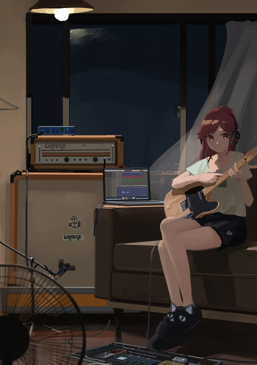 1girl absurdres black_shorts check_copyright closed_mouth computer copyright_request crossed_legs electric_fan electric_guitar guitar headphones highres indoors instrument lamp laptop long_hair music original orval playing_instrument red_eyes redhead shirt short_sleeves shorts sitting solo white_shirt window