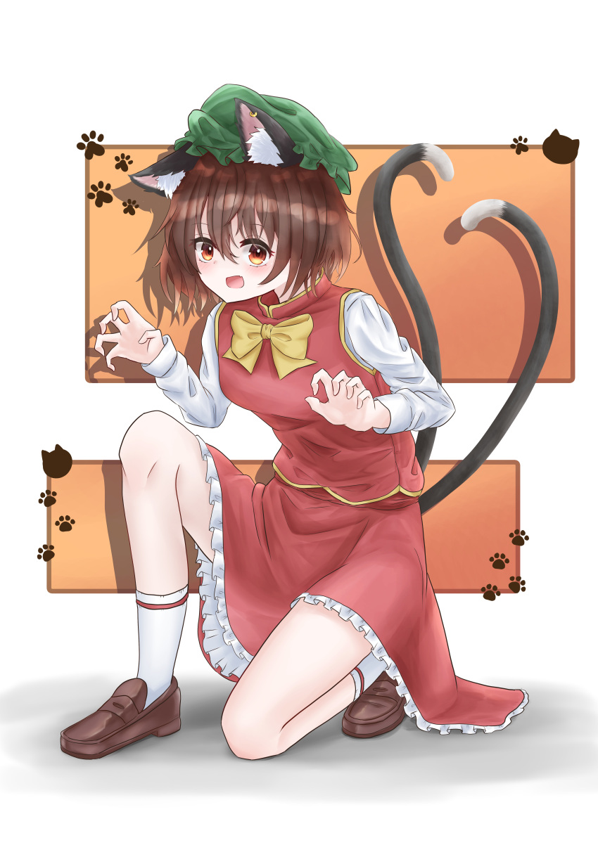 1girl absurdres animal_ear_fluff animal_ear_piercing animal_ears brown_eyes brown_hair cat_ears cat_tail chen claw_pose commentary_request full_body green_headwear hair_between_eyes hat highres hoop_piercing looking_at_viewer mob_cap multiple_tails nekomata on_one_knee open_mouth short_hair solo tail touhou tsubakipan two_tails