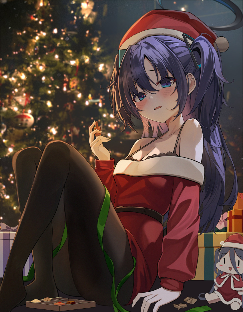 1girl absurdres aris_(blue_archive) black_bra black_pantyhose blue_archive blush box bra character_doll christmas christmas_tree commentary_request gift gift_box hair_between_eyes halo hat highres leepy long_hair long_sleeves looking_at_viewer mechanical_halo open_mouth pantyhose pom_pom_(clothes) purple_hair red_headwear santa_costume santa_hat solo two_side_up underwear violet_eyes yuuka_(blue_archive)