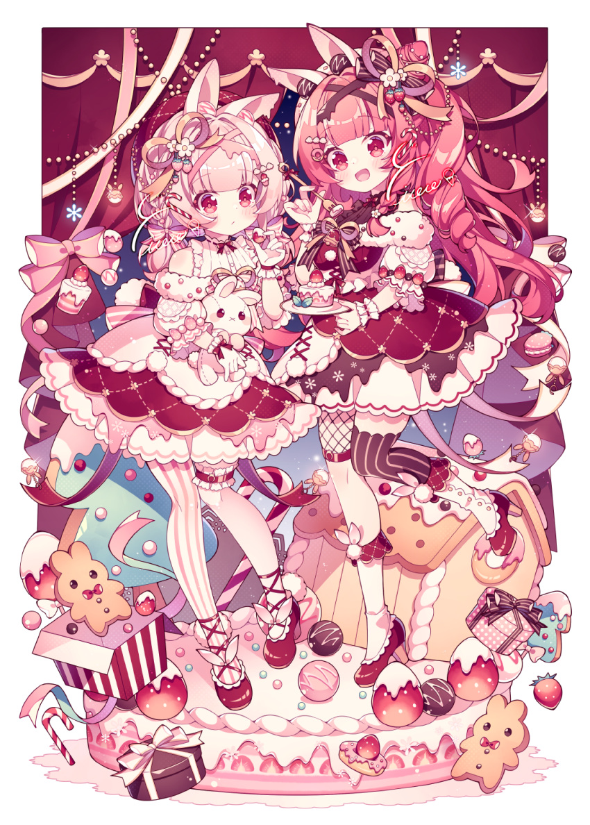 2girls animal_ears asymmetrical_legwear bare_shoulders blue_sky blush border bow cake christmas_tree closed_mouth commentary cookie curtains dot_mouth dress food fruit full_body gift hair_bow hand_up high_heels highres holding holding_food holding_plate holding_stuffed_toy hyou_(pixiv3677917) long_hair mismatched_legwear multiple_girls open_mouth original pink_bow pink_eyes pink_hair pink_ribbon plate puffy_short_sleeves puffy_sleeves red_dress red_footwear red_thighhighs ribbon short_hair short_sleeves single_thighhigh sky strawberry striped striped_thighhighs stuffed_animal stuffed_rabbit stuffed_toy symbol-only_commentary thigh-highs vertical-striped_thighhighs vertical_stripes white_thighhighs wrist_cuffs