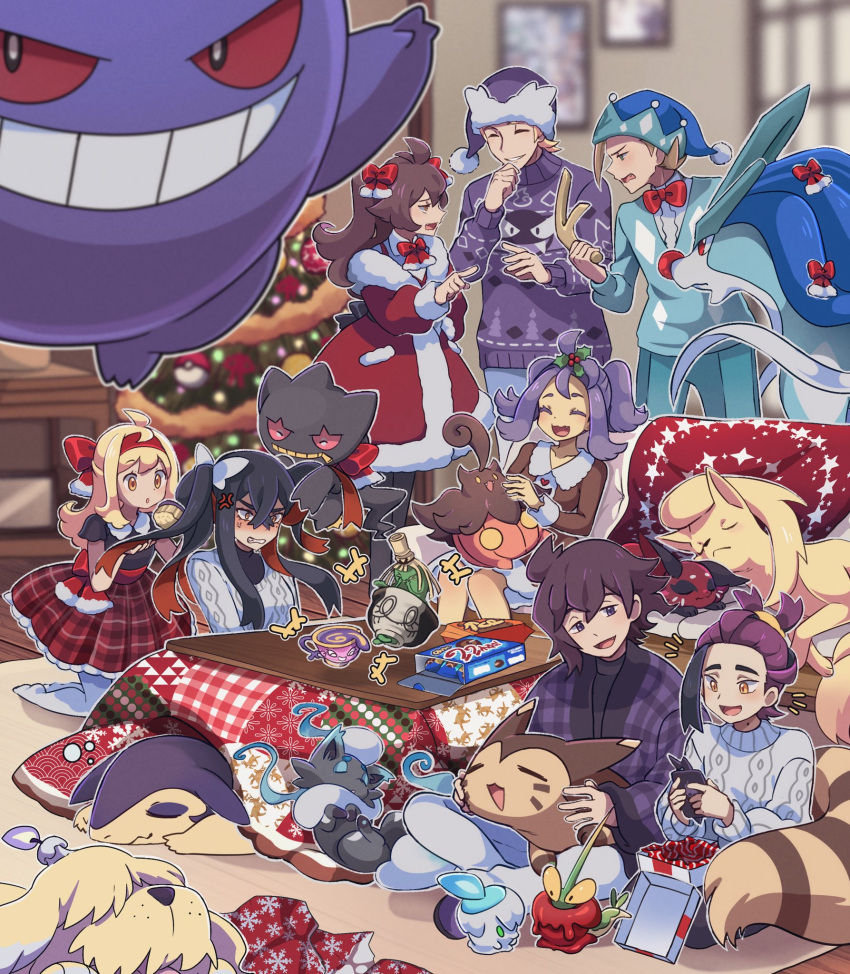 +++ 4boys 4girls :o acerola_(pokemon) alternate_color anger_vein apple banette black_eyes black_skin blonde_hair blue_headwear blurry blurry_background bow brown_fur candle carmine_(pokemon) cerise character_request christmas christmas_tree closed_eyes coat colored_inner_hair colored_sclera colored_skin crossed_bangs dipplin dog english_commentary floating food freckles fruit fur-trimmed_coat fur_trim furret gastly gengar gift greavard grin hairband hat highres hisuian_typhlosion hisuian_zorua holding holding_phone indoors kieran_(pokemon) litwick morty_(pokemon) multicolored_hair multiple_boys multiple_girls nickit ninetales pajamas pants pantyhose phone plaid plaid_skirt poke_ball pokemon pokemon_(creature) pokemon_hgss pokemon_sm pokemon_sv poltchageist pumpkaboo purple_hair purple_headwear purple_skin red_bow red_coat red_eyes red_hairband red_sclera red_skirt redhead santa_hat shiny_pokemon sinistea sitting skirt sleeping smile snout socks suicune sweater table tail teeth twintails two-tone_hair white_pants white_pantyhose white_sweater worm yellow_eyes