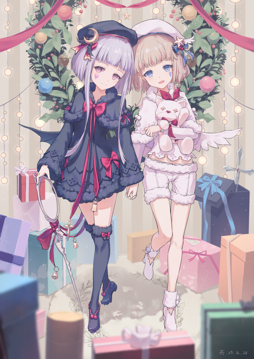2girls 34341211 :d absurdres arcaea beret black_capelet black_dress black_headwear black_wings blonde_hair blue_eyes capelet christmas christmas_present christmas_wreath closed_mouth crescent dress eto_(arcaea) facial_mark gift hat hat_ornament highres holding holding_hands holding_scissors hugging_doll hugging_object long_sleeves looking_at_viewer luna_(arcaea) multiple_girls purple_hair scissor_blade_(kill_la_kill) scissors shorts siblings smile standing standing_on_one_leg star_(symbol) stuffed_animal stuffed_toy twins violet_eyes white_capelet white_headwear white_shorts white_wings wings wreath