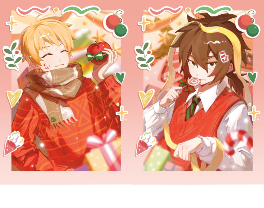 2boys aliang699 apple atou_haruki blonde_hair brown_hair brown_scarf candy chinese_commentary christmas closed_eyes closed_mouth collared_shirt commentary_request diagonal-striped_necktie food fruit gift green_eyes hair_between_eyes holding holding_candy holding_food holding_fruit holding_lollipop isoi_reiji lollipop long_sleeves low_ponytail male_focus multiple_boys necktie plaid plaid_scarf red_sweater red_sweater_vest saibou_shinkyoku sanpaku scarf shirt short_hair short_ponytail solo sticker_on_face sweater sweater_vest swirl_lollipop white_shirt