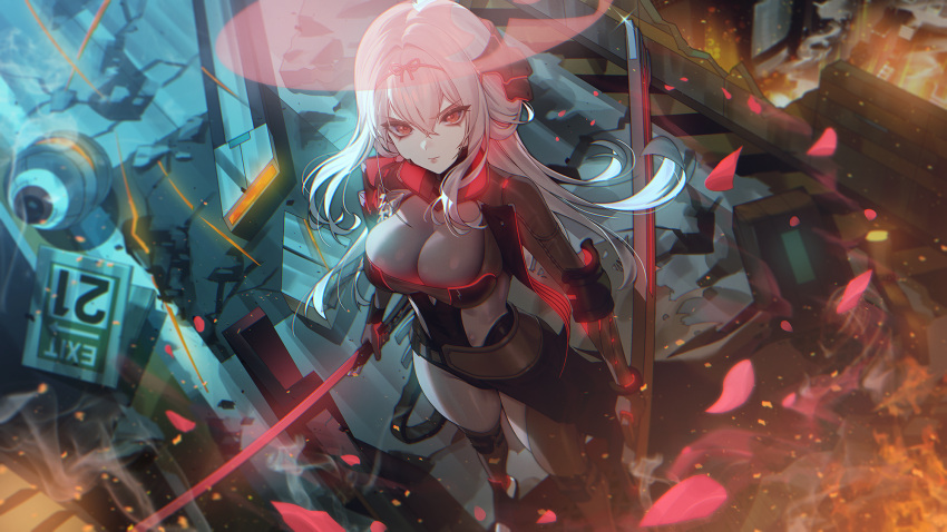 1girl black_bodysuit bodysuit breasts c.honey closed_mouth dual_wielding from_above goddess_of_victory:_nikke highres holding holding_sword holding_weapon katana large_breasts long_hair looking_at_viewer looking_up red_eyes scarlet_(black_shadow)_(nikke) scarlet_(nikke) solo standing sword weapon white_hair