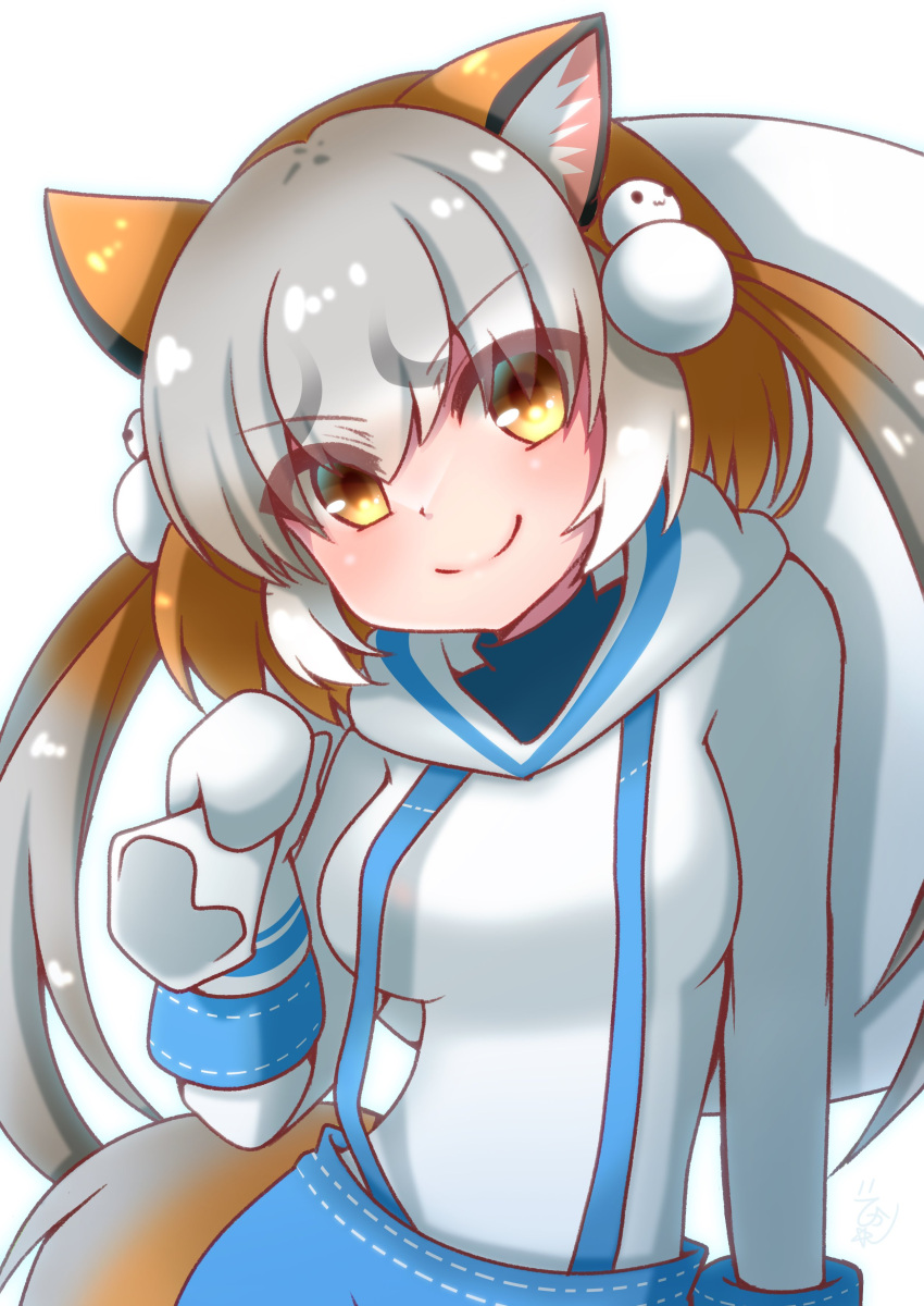 1girl absurdres animal_ears brown_hair christmas_present extra_ears fox_ears fox_girl fox_tail gift gloves grey_hair hair_ornament highres hikarikmy hood hoodie island_fox_(kemono_friends) kemono_friends kemono_friends_v_project long_hair looking_at_viewer multicolored_hair simple_background skirt snowman solo suspenders tail two-tone_hair virtual_youtuber yellow_eyes