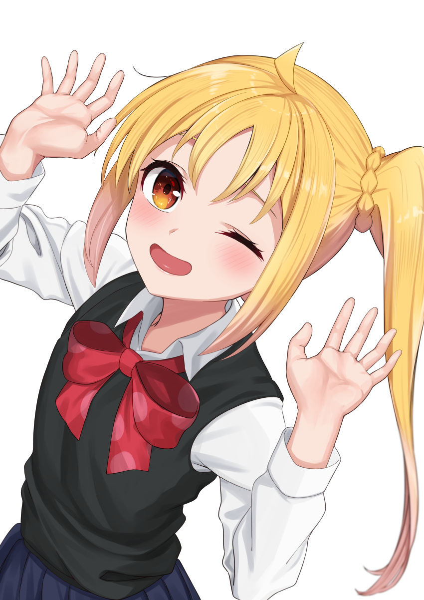 1girl absurdres ahoge black_sweater_vest blonde_hair blue_skirt blush bocchi_the_rock! bow bowtie choppy_bangs collared_shirt detached_ahoge hands_up highres ijichi_nijika long_hair long_sleeves looking_at_viewer one_eye_closed open_mouth parted_bangs pleated_skirt polka_dot_bowtie red_bow red_bowtie red_eyes school_uniform shimizu_keitaro shimokitazawa_high_school_uniform shirt side_ponytail simple_background skirt smile solo sweater_vest white_background white_shirt