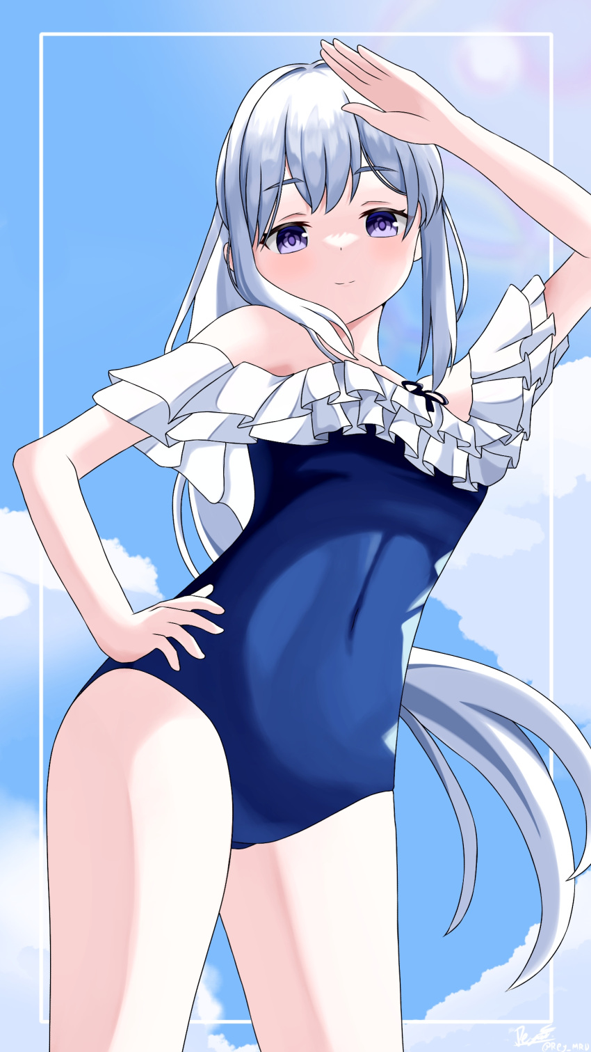 1girl absurdres arm_up blue_archive blue_one-piece_swimsuit blush breasts closed_mouth clouds covered_navel cowboy_shot day frilled_one-piece_swimsuit frills highres long_hair miyako_(blue_archive) miyako_(swimsuit)_(blue_archive) one-piece_swimsuit one_side_up outdoors ponytail reymrd sky small_breasts smile solo swimsuit violet_eyes white_hair