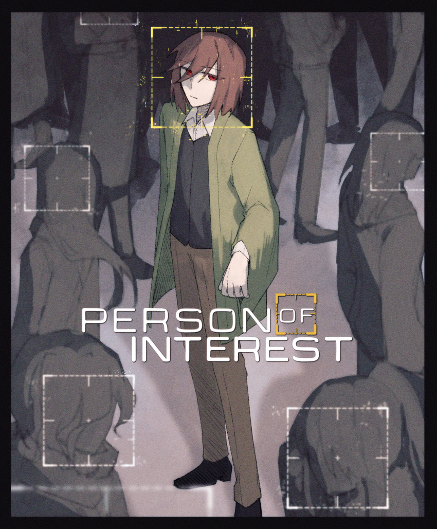 1boy black_border black_vest border brown_hair brown_pants chinese_commentary closed_mouth collared_shirt commentary_request crowd english_text film_grain full_body green_jacket harada_mutei highres jacket long_sleeves male_focus open_clothes open_jacket pants people red_eyes saibou_shinkyoku shirt short_hair solo_focus standing vest viewfinder white_shirt yadeliya_hai