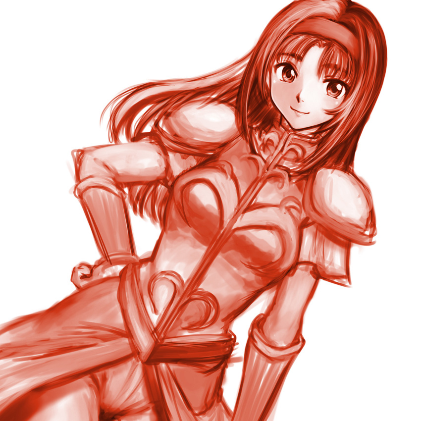 1girl alisa_landeel arm_guards armor breasts closed_mouth dutch_angle hairband hand_on_own_hip highres long_hair looking_at_viewer medium_breasts minamoto80486 monochrome phantasy_star phantasy_star_i red_theme ringed_eyes shoulder_armor simple_background smile solo white_background