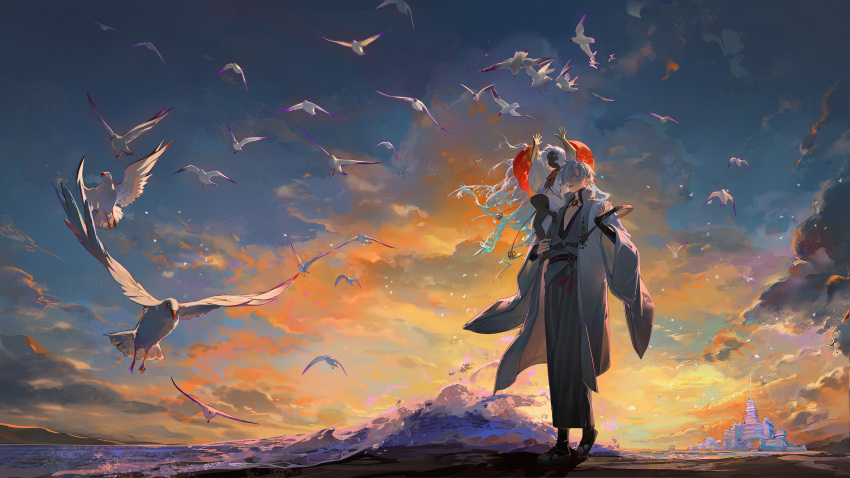 2boys absurdres arms_up baofandxy barefoot bird blue_sky bridal_gauntlets building character_request clouds cloudy_sky coat collared_coat dark-skinned_male dark_skin floating_hair grey_hair grey_kimono hair_over_one_eye highres horizon japanese_clothes kimono landscape long_hair multiple_boys obi one_eye_covered onmyoji open_clothes open_coat open_mouth orange_clouds outdoors outstretched_arms sandals sash scenery short_hair sitting sitting_on_shoulder sky sunset tassel too_many too_many_birds two-sided_fabric walking water wavy_hair white_bird white_coat white_hair wide_shot wide_sleeves wind