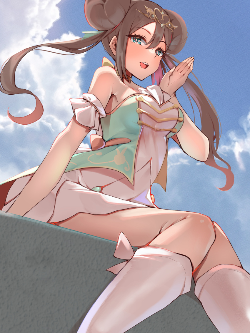 1girl bare_shoulders blue_eyes blue_sky brown_hair clouds double_bun dress hair_between_eyes hair_bun highres long_hair looking_at_viewer momdy_(talesshinja) official_alternate_costume open_mouth pokemon pokemon_masters_ex rosa_(champion)_(pokemon) rosa_(pokemon) sitting sky solo teeth twintails upper_teeth_only