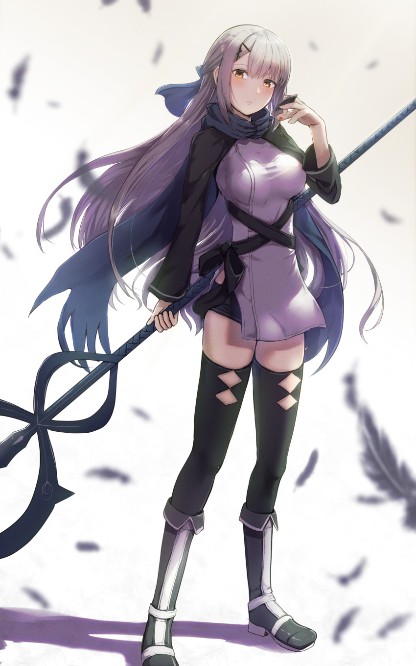 1girl black_feathers black_footwear black_shorts black_thighhighs blue_ribbon blue_scarf blush boots breasts feathers frown fujino_shiroha grey_hair hair_ornament hair_ribbon hairclip highres holding holding_polearm holding_weapon long_hair looking_at_viewer medium_breasts nue_no_onmyouji okina_(805197) orange_eyes polearm ribbon scarf shorts solo thigh-highs very_long_hair weapon white_background