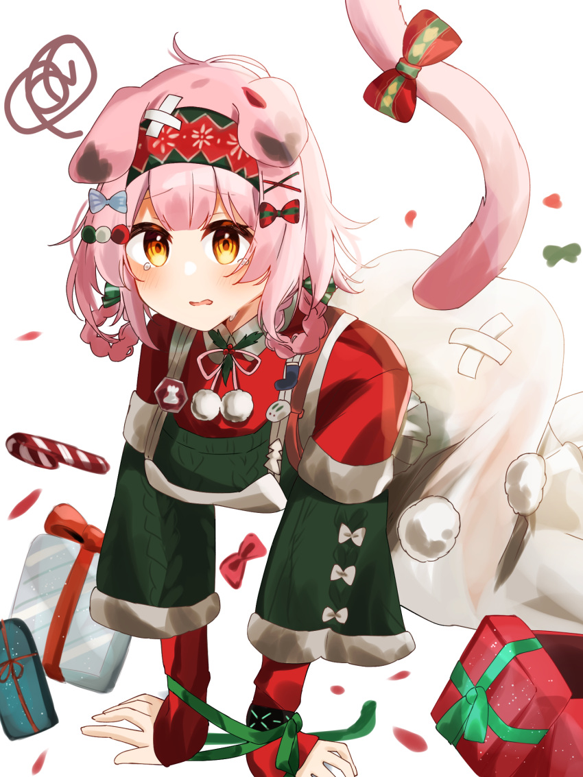 1girl all_fours animal_ears arknights bandaid bandaid_on_head black_bracelet blue_bow blush bow box braid candy candy_cane cat_ears cat_girl cat_tail detached_sleeves feet_out_of_frame floppy_ears floral_print food gift gift_box goldenglow_(arknights) goldenglow_(maiden_for_the_bright_night)_(arknights) green_bow green_sweater hair_ornament hairband highres infection_monitor_(arknights) layered_sleeves long_hair long_sleeves looking_at_viewer nishimiya_aki official_alternate_costume print_hairband red_hairband red_shirt shirt simple_background skirt solo squiggle sweatdrop sweater tail tail_bow tail_ornament tail_through_clothes tearing_up wavy_mouth white_background white_skirt x_hair_ornament yellow_eyes