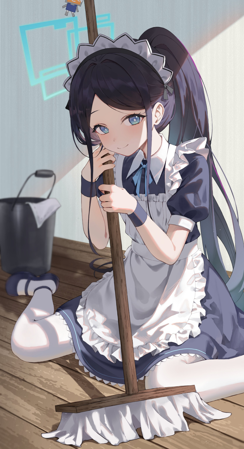 1girl absurdres apron aris_(blue_archive) black_hair blue_archive blue_dress blue_eyes blue_footwear blue_ribbon blue_wristband bucket closed_mouth dark_blue_dress dress flat_chest hair_intakes high_ponytail highres holding holding_mop indoors long_hair looking_at_viewer maid maid_apron maid_headdress mary_janes mop neck_ribbon on_floor parted_bangs ponytail puffy_short_sleeves puffy_sleeves rag ribbon shadow shoes short_sleeves sidelighting sidelocks sitting smile solo thigh-highs wariza white_thighhighs wooden_floor wristband yeorem