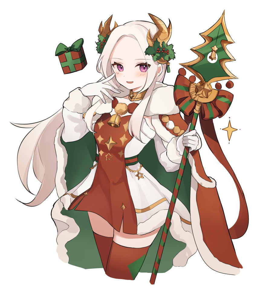 1girl blush box cape commentary_request dress edelgard_von_hresvelg edelgard_von_hresvelg_(snowfall_future) fake_horns fire_emblem fire_emblem:_three_houses fire_emblem_heroes forehead fur-trimmed_cape fur-trimmed_dress fur-trimmed_gloves fur_trim gift gift_box gloves green_cape hair_ornament highres holding holding_polearm holding_weapon horns long_hair looking_at_viewer mistletoe_hair_ornament official_alternate_costume palmijano polearm red_dress red_gloves red_thighhighs simple_background smile solo spear thigh-highs two-tone_cape two-tone_dress very_long_hair violet_eyes weapon white_background white_dress white_gloves white_hair yellow_horns