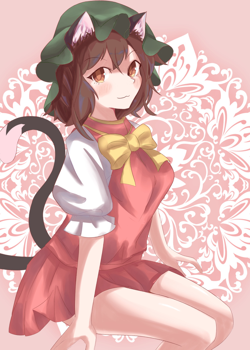 1girl :3 absurdres animal_ear_fluff animal_ears bare_legs blush bow bowtie breasts brown_eyes brown_hair cat_ears cat_tail chen double-parted_bangs feet_out_of_frame gold_trim green_headwear hat highres invisible_chair light_smile looking_at_viewer medium_breasts mob_cap multiple_tails nekomata pink_background puffy_short_sleeves puffy_sleeves red_skirt red_vest short_hair short_sleeves simple_background sitting skirt skirt_set solo tail tojin touhou two_tails vest yellow_bow yellow_bowtie