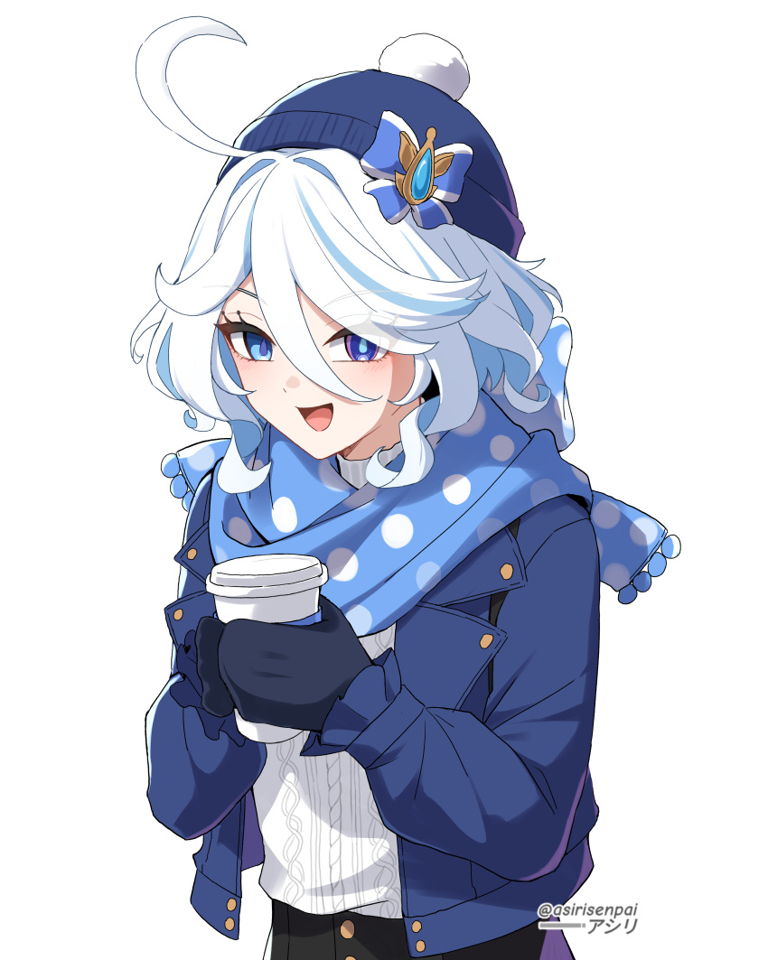 1girl absurdres ahoge alternate_costume asiri_senpai blue_eyes blue_headwear blue_jacket blue_scarf casual coffee_cup commentary contemporary cup disposable_cup furina_(genshin_impact) genshin_impact hair_between_eyes highres holding holding_cup jacket mittens polka_dot scarf shirt short_hair simple_background solo upper_body white_background white_hair white_shirt