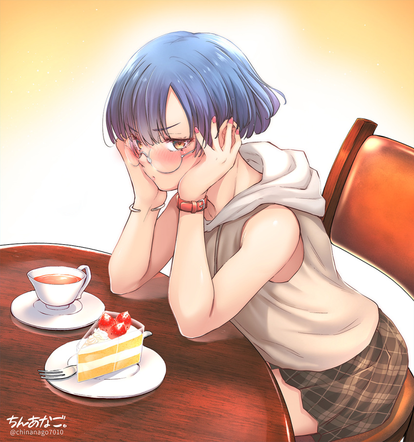 1boy bare_arms blue_hair blush blush_stickers bracelet brown_eyes brown_skirt cake cake_slice chinanago7010 commentary_request cup elbows_on_table embarrassed food glasses hands_on_own_cheeks hands_on_own_face highres hood hoodie jewelry male_focus miniskirt on_chair original otoko_no_ko plaid plaid_skirt pleated_skirt short_hair sitting skirt sleeveless sleeveless_hoodie teacup watch watch white_hoodie