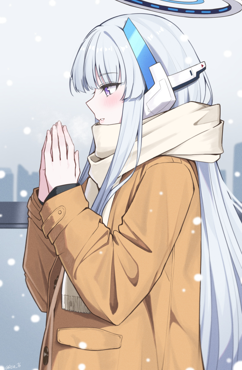 1girl blue_archive blush brown_coat coat fingernails from_side grey_hair halo highres long_hair long_sleeves mechanical_halo noa_(blue_archive) outdoors parted_lips profile reia_76 scarf snowing solo upper_body violet_eyes white_scarf