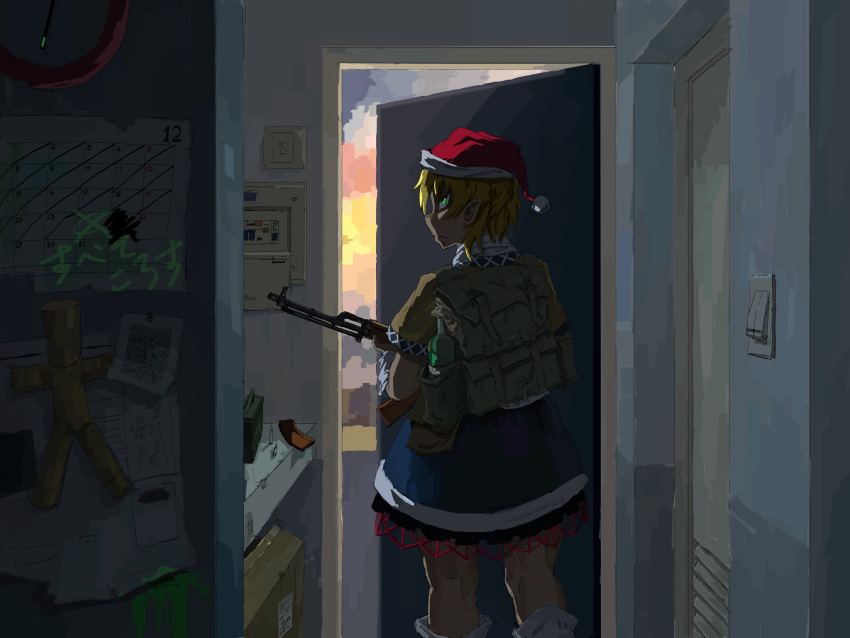 1girl arm_warmers backpack bag blonde_hair bottle calendar_(object) clock closed_mouth commentary door english_commentary green_eyes gun hat highres holding holding_gun holding_weapon indoors kto_znaet light_switch mizuhashi_parsee multicolored_clothes pointy_ears red_headwear rifle santa_hat solo touhou weapon