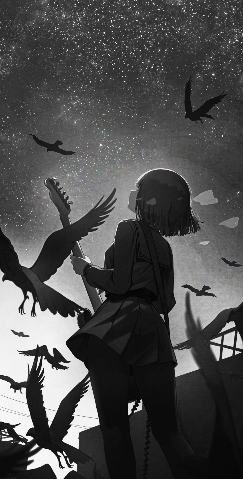 1girl absurdres bird cable electric_guitar feet_out_of_frame from_behind greyscale guitar highres holding holding_instrument instrument kaito_(k4itoh) looking_up monochrome night night_sky original outdoors pantyhose pleated_skirt sailor_collar school_uniform serafuku short_hair skirt sky solo standing star_(sky) starry_sky