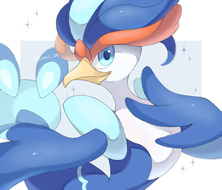 animal_focus artist_name beak blue_background blue_eyes colored_skin commentary_request feathers highres iwasi_29 no_humans pokemon pokemon_(creature) quaquaval simple_background sparkle twitter_username two-tone_background white_background white_skin