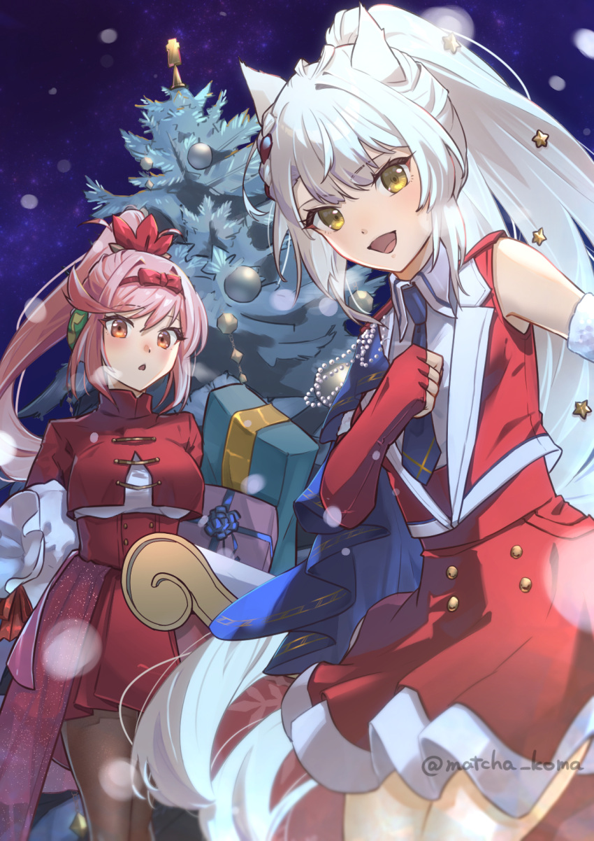 2girls alternate_costume animal_ears bare_shoulders blue_necktie box brown_pantyhose capelet cat_ears christmas christmas_ornaments christmas_tree commentary_request detached_sleeves dress fingerless_gloves gift gift_box glimmer_(xenoblade) gloves hair_ribbon half-siblings highres holding holding_sack long_hair mio_(xenoblade) multiple_girls necktie night night_sky open_mouth orange_eyes outdoors pantyhose ponytail red_capelet red_dress red_gloves red_ribbon redhead ribbon sack siblings sidelocks sisters sky smile snow snowing twitter_username white_hair xenoblade_chronicles_(series) xenoblade_chronicles_3 xenoblade_chronicles_3:_future_redeemed yanagimachi yellow_eyes