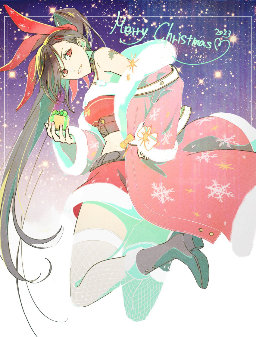 1girl 2023 alternate_costume black_footwear black_hair boots box christmas commentary english_commentary english_text fur-trimmed_footwear fur-trimmed_jacket fur-trimmed_skirt fur_trim gift gift_box grin ha_yuri_zahard hair_ribbon head_tilt highres holding holding_gift jacket long_hair looking_at_viewer merry_christmas midriff off_shoulder ponytail red_eyes red_jacket red_ribbon red_skirt ribbon skirt smile solo tanino_miho tower_of_god very_long_hair