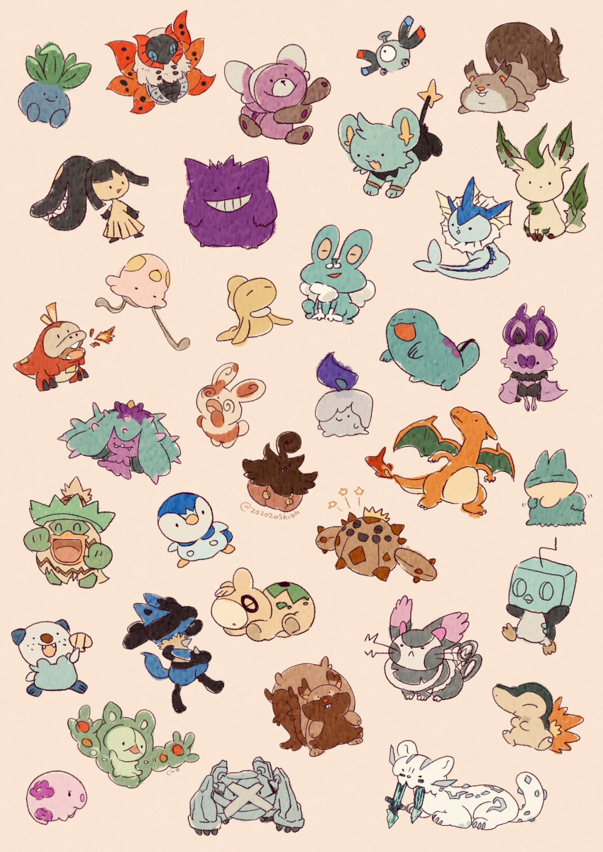 :d alternate_color animal_focus artist_name bat_(animal) bird blue_skin bug cacnea cat charizard chien-pao closed_eyes closed_mouth colored_skin commentary_request crocodilian cross-shaped_pupils cyndaquil dragon_wings eiscue eiscue_(ice) fins fire forked_tail freckles froakie frog fuecoco gengar greedent grin head_fins highres ice leaf leafeon litwick lucario ludicolo magnemite magnet mareanie mawile metagross moth multiple_wings munchlax munna no_humans noibat numel oddish one-eyed oshawott penguin piplup pokemon pokemon_(creature) pumpkaboo purple_fire purple_skin purugly quagsire reuniclus shinx shiny_pokemon simple_background sitting skwovet smile solid_circle_eyes solid_oval_eyes spinda stuffed_animal stuffed_toy stufful symbol-shaped_pupils tail tatsugiri tatsugiri_(stretchy) teddy_bear teeth toedscool twitter_username vaporeon volcarona white_background white_fur wings zozozoshion