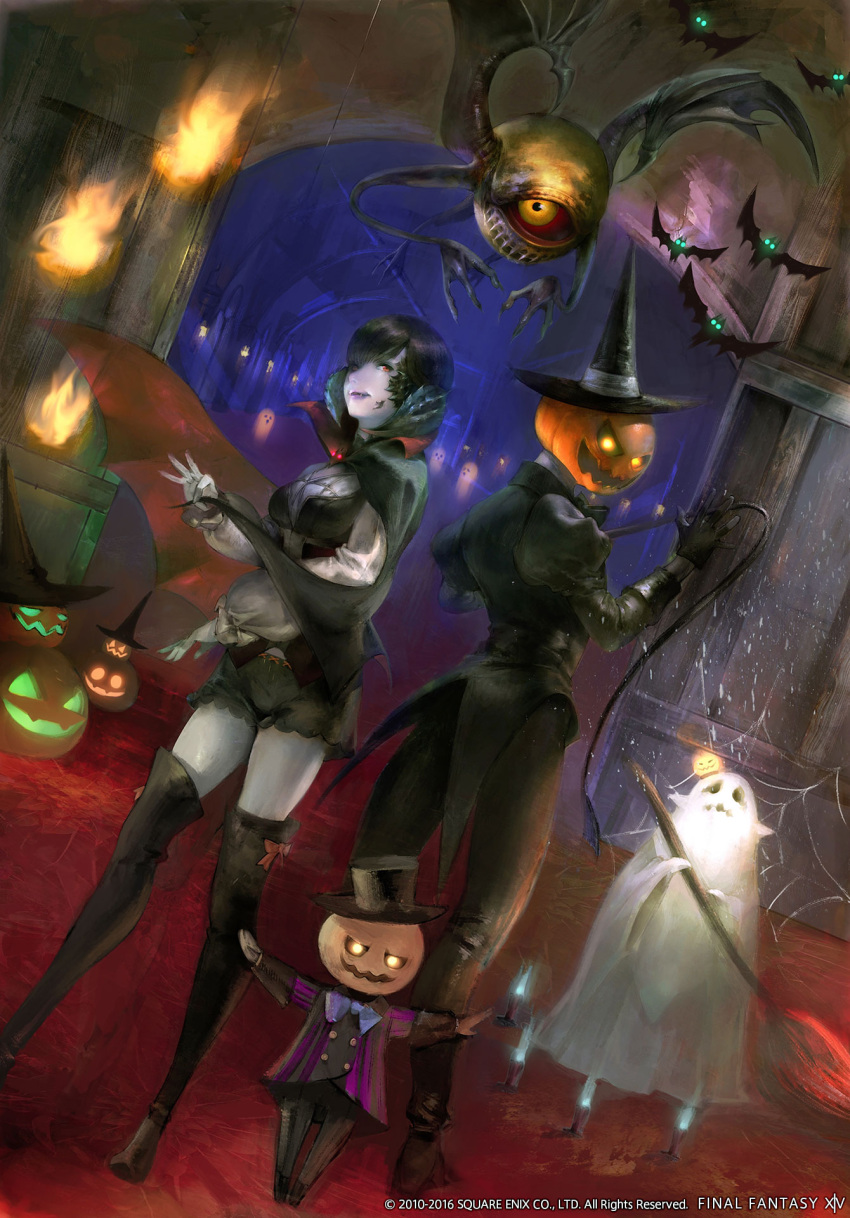 1girl 2others ahriman artist_request au_ra black_gloves black_hair breasts final_fantasy final_fantasy_xiv ghost gloves halloween hat highres impresario_(ff14) jack-o'-lantern juliet_sleeves long_sleeves looking_at_viewer medium_breasts multiple_others official_art pale_skin puffy_sleeves pumpkin red_eyes silk smile spider_web standing top_hat vampire witch_hat