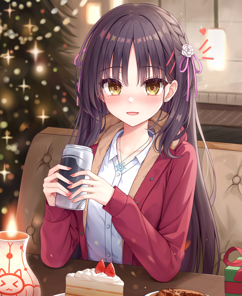1girl :d absurdres black_hair blurry blurry_background blush braid cafe_stella_to_shinigami_no_chou cake cake_slice can candle casual cc_lin chinese_commentary christmas christmas_tree coat collared_shirt commentary earrings elbows_on_table english_commentary eyelashes eyes_visible_through_hair flower food fruit fur-trimmed_hood fur_trim hair_between_eyes hair_flower hair_ornament hair_ribbon hands_up happy heart highres holding holding_can hood hood_down indoors jewelry long_hair looking_at_viewer mixed-language_commentary mole mole_under_eye nail_polish notice_lines official_alternate_costume open_clothes open_coat open_mouth pink_nails pink_ribbon red_coat ribbon rose shiki_natsume shirt side_braid sitting smile snowflake_necklace snowflakes solo sparkle straight_hair strawberry stud_earrings upper_body very_long_hair white_flower white_rose white_shirt yellow_eyes