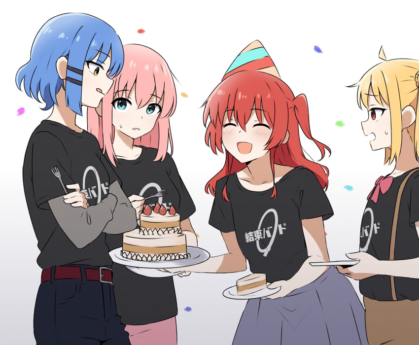 4girls ahoge amogan belt black_pants blonde_hair blue_eyes blue_hair bocchi_the_rock! bow bowtie breasts brown_eyes cake cake_slice commentary_request food fork gotoh_hitori grey_skirt hair_ornament hairclip hat highres holding holding_fork holding_plate ijichi_nijika kita_ikuyo medium_breasts multiple_girls one_side_up open_mouth pants party_hat pink_bow pink_bowtie pink_hair pink_pants plate pleated_skirt red_belt red_eyes redhead shirt side_ponytail sidelocks skirt small_breasts smile suspenders t-shirt tongue tongue_out yamada_ryo