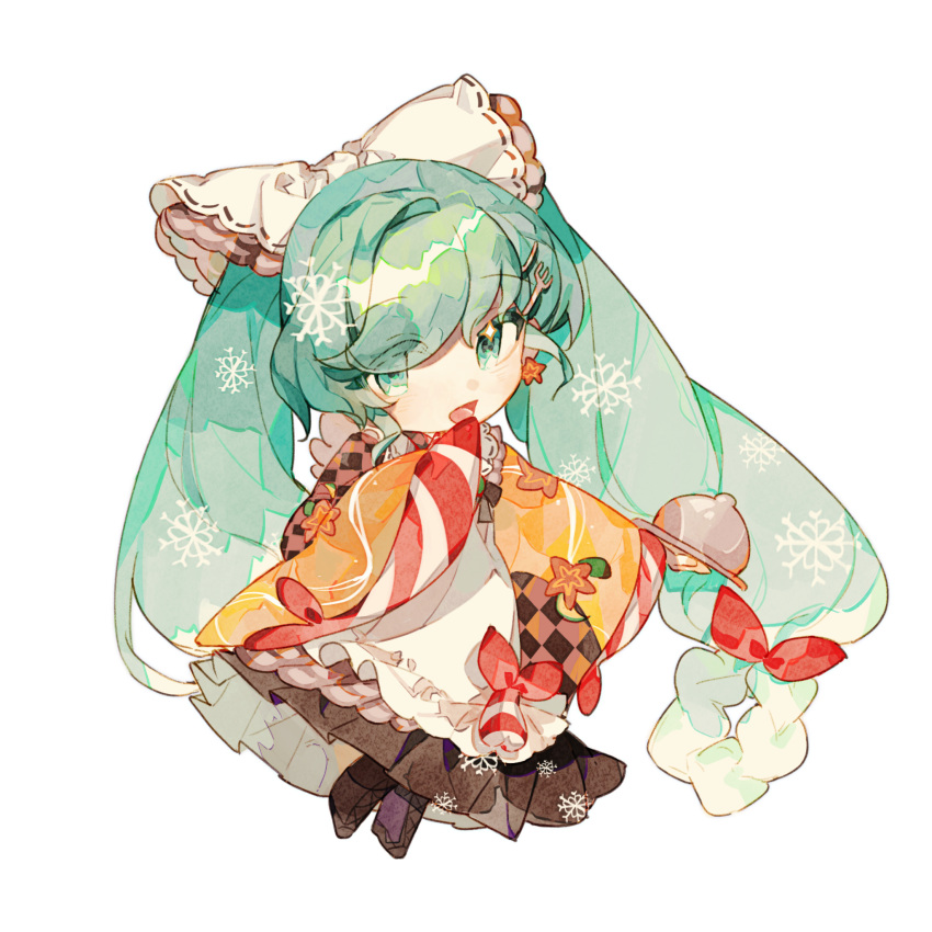 1girl apron aqua_eyes aqua_hair boots bow braided_hair_rings brown_footwear brown_kimono brown_skirt carrot_earrings carrot_slice checkered_clothes checkered_kimono chibi cross-laced_footwear dot_nose earrings eyes_visible_through_hair food-themed_clothes food-themed_earrings fork_hair_ornament frilled_apron frills full_body furukawa_ura hair_bow hair_ribbon hakama hakama_skirt hand_on_own_face hand_up hatsune_miku head_tilt highres holding holding_tray japanese_clothes jewelry kappougi kimono knife_hair_ornament lace-up_boots light_smile long_hair looking_at_viewer low-braided_long_hair low-tied_long_hair maid multicolored_clothes multicolored_kimono orange_kimono parted_lips print_kimono red_bow ribbon serving_dome shrimp_hair_ornament sidelocks simple_background skirt sleeves_past_fingers sleeves_past_wrists snowflakes solo swept_bangs tray tsurime twintails vocaloid wa_maid white_apron white_background white_ribbon yuki_miku yuki_miku_(2024)