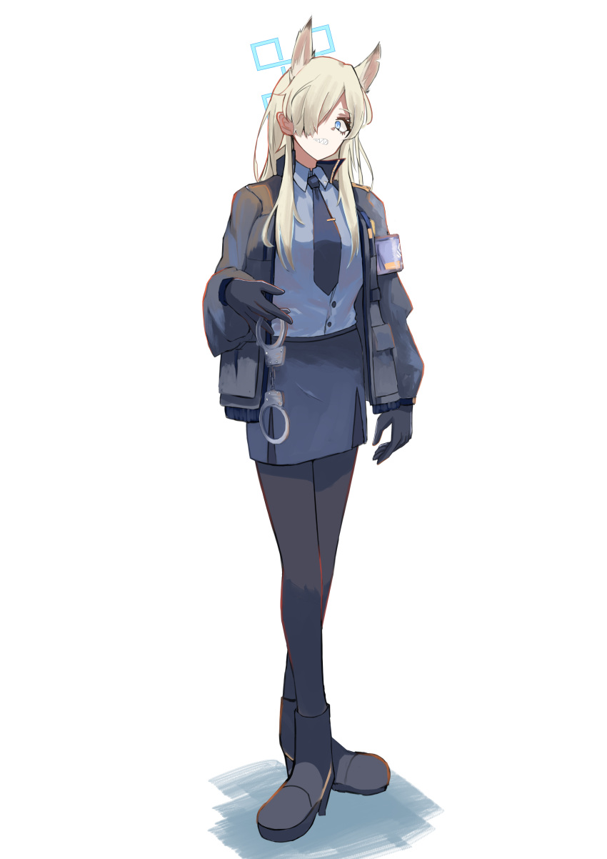 1girl absurdres animal_ear_fluff animal_ears armband black_gloves black_jacket black_pantyhose blonde_hair blue_archive blue_armband blue_eyes blue_halo blue_necktie blue_shirt breasts collared_shirt commentary_request cuffs dog_ears extra_ears gloves hair_over_one_eye halo handcuffs highres holding holding_handcuffs jacket kanna_(blue_archive) long_hair long_sleeves looking_at_viewer nao_cdsuyta necktie pantyhose pencil_skirt police police_uniform policewoman shadow sharp_teeth shirt simple_background skirt solo standing teeth uniform white_background